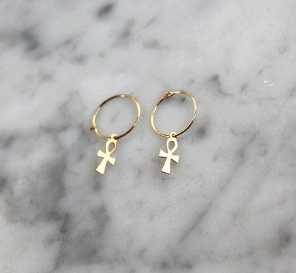 14K Ankh Cross Hoops